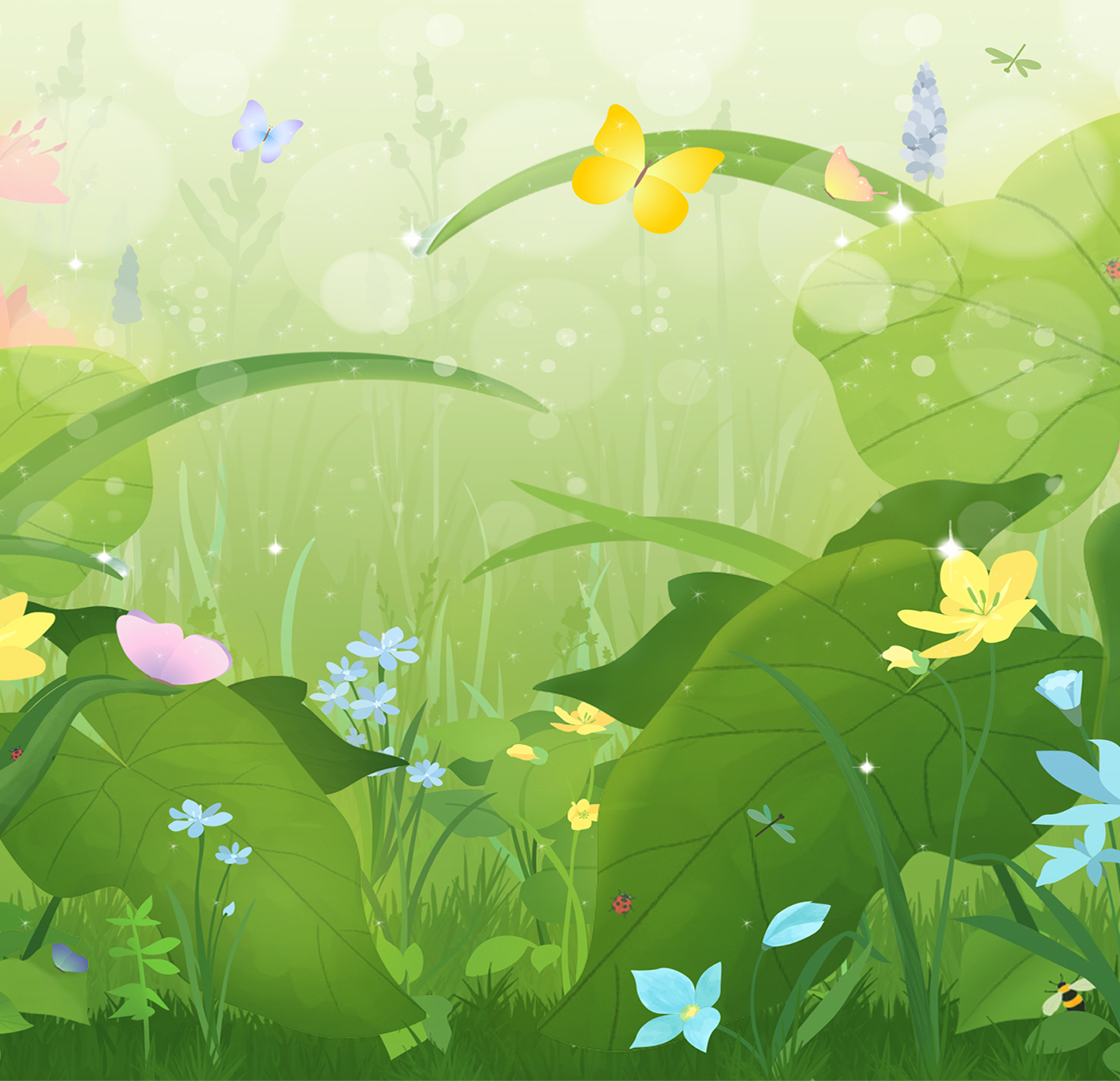 A whimsical meadow scene with butterflies, flowers, and insects in soft green hues.