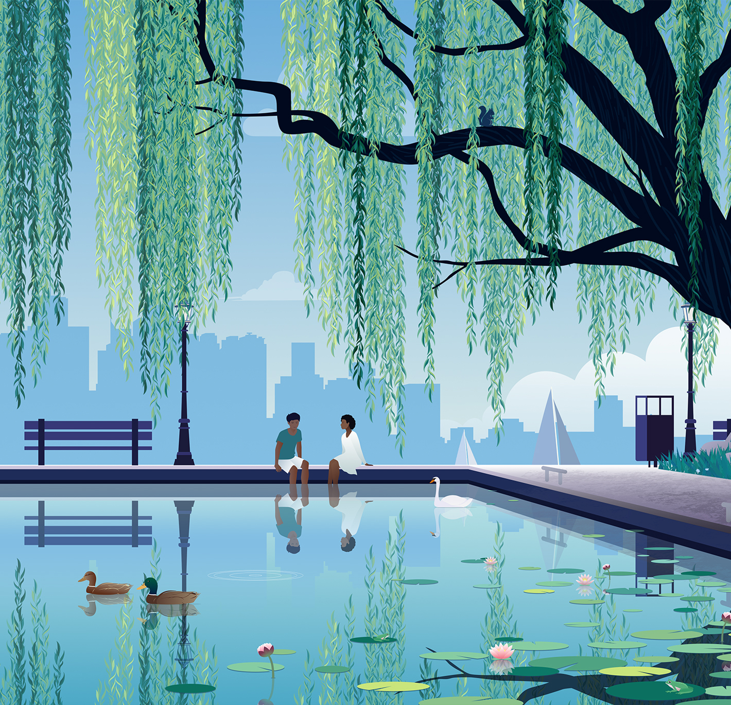 A couple sits by a pond under a weeping willow tree with a city skyline in the background.