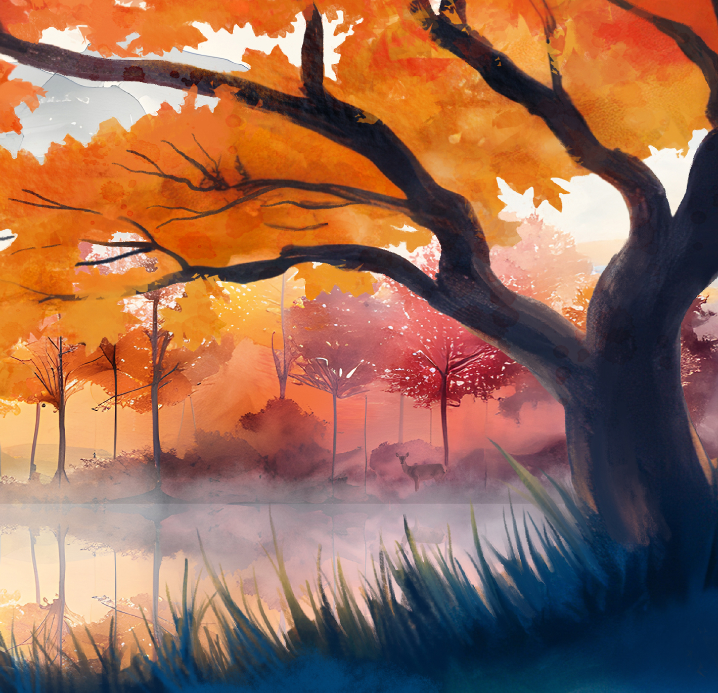 Watercolour painting of an autumn forest with a deer by a misty lake.