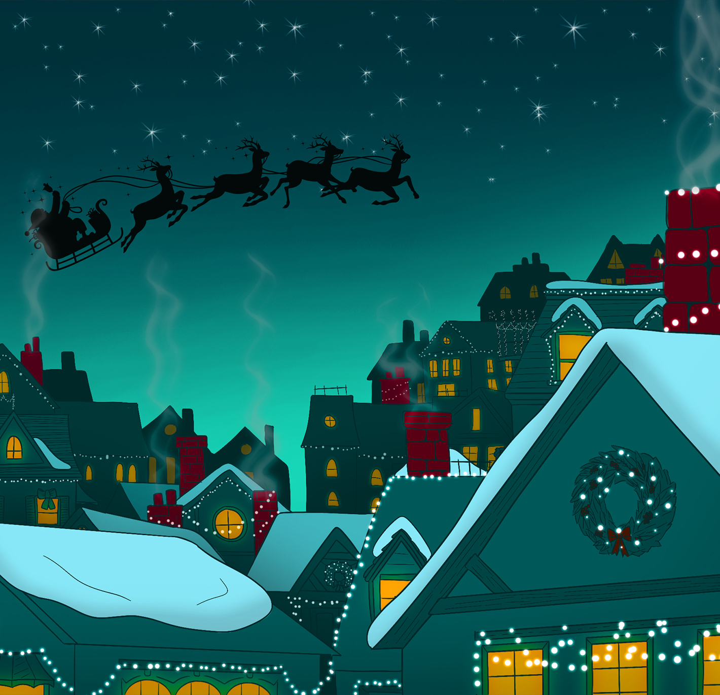 Santa's sleigh flies over a snowy village at night, with Christmas lights and wreaths on houses.