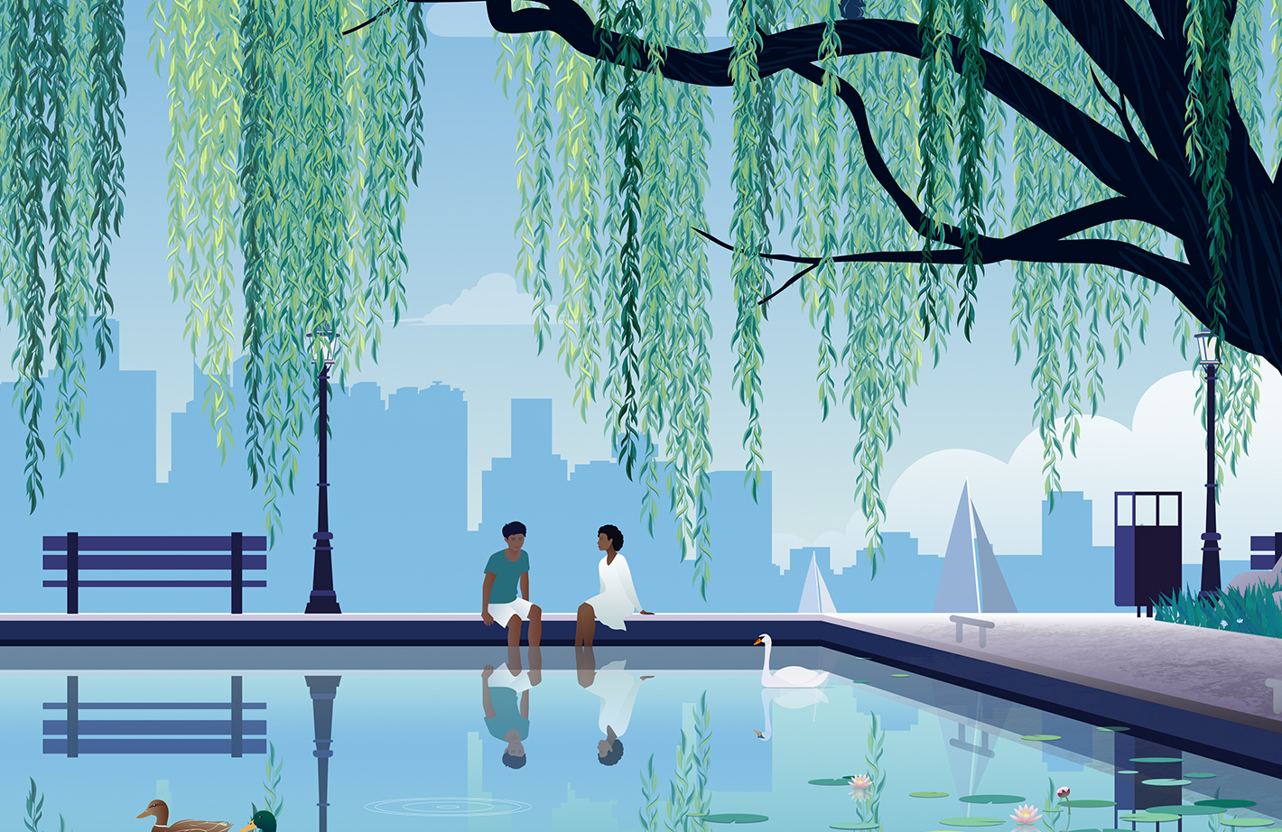 Two people sit by a pond under a weeping willow tree with a city skyline in the background.