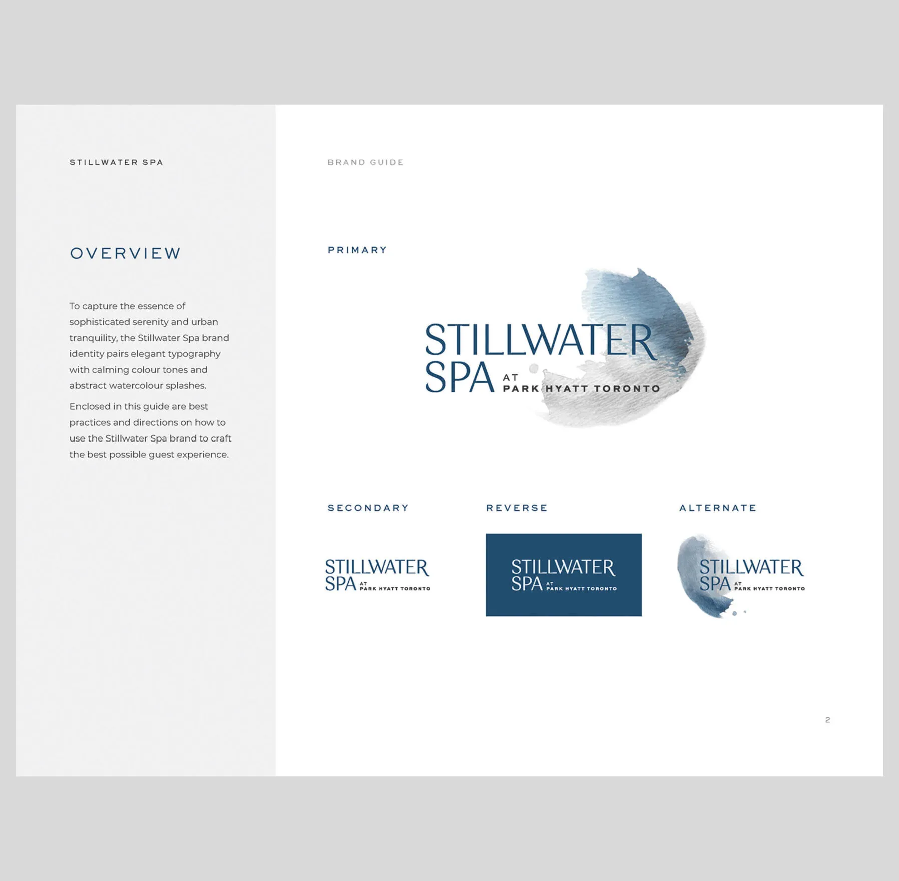 Stillwater Spa brand guide with logo variations and overview text.