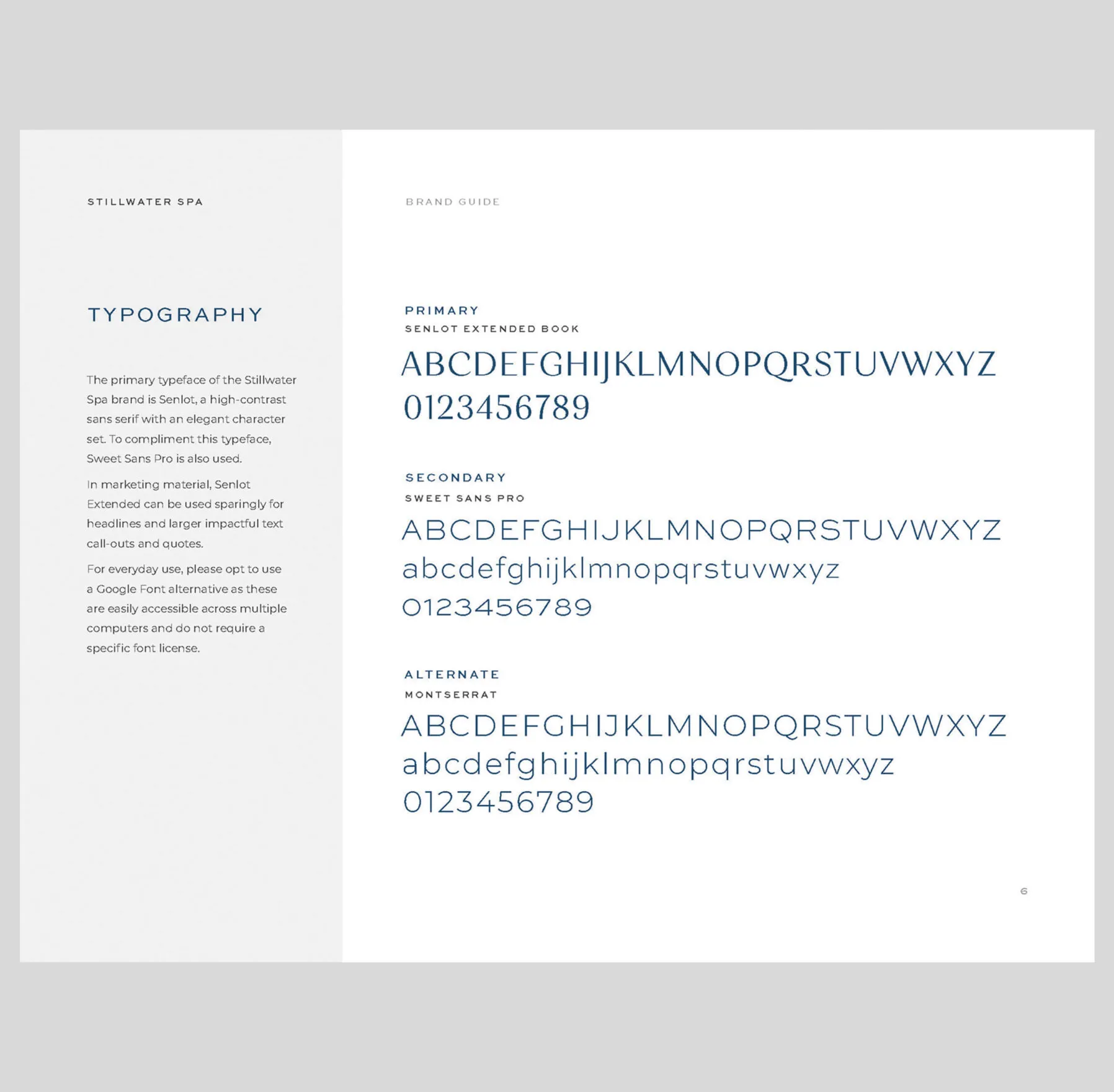 Stillwater Spa brand guide typography section showing primary and secondary fonts.