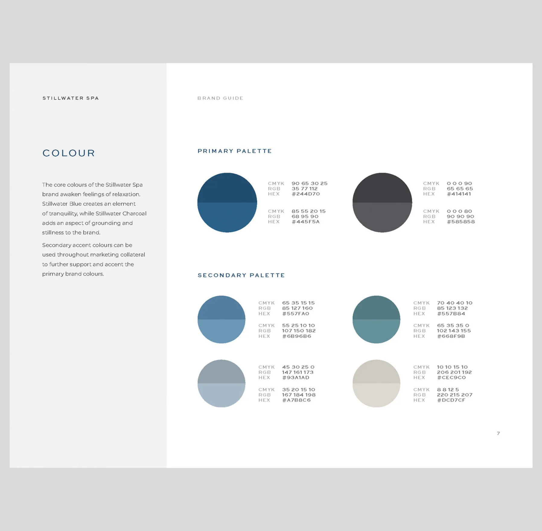Stillwater Spa brand guide colour palette with CMYK, RGB and HEX values.