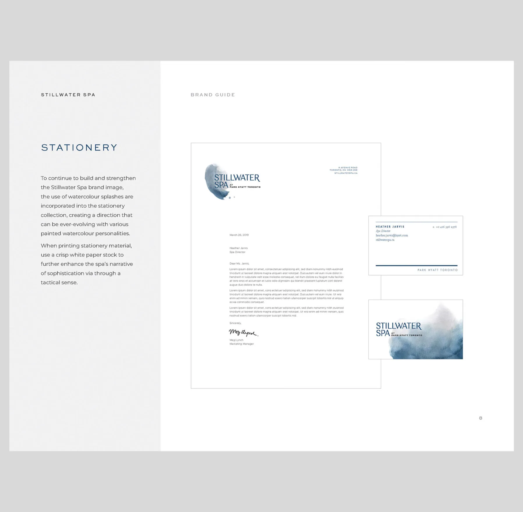 Stillwater Spa brand guide page with stationery examples and contact information.