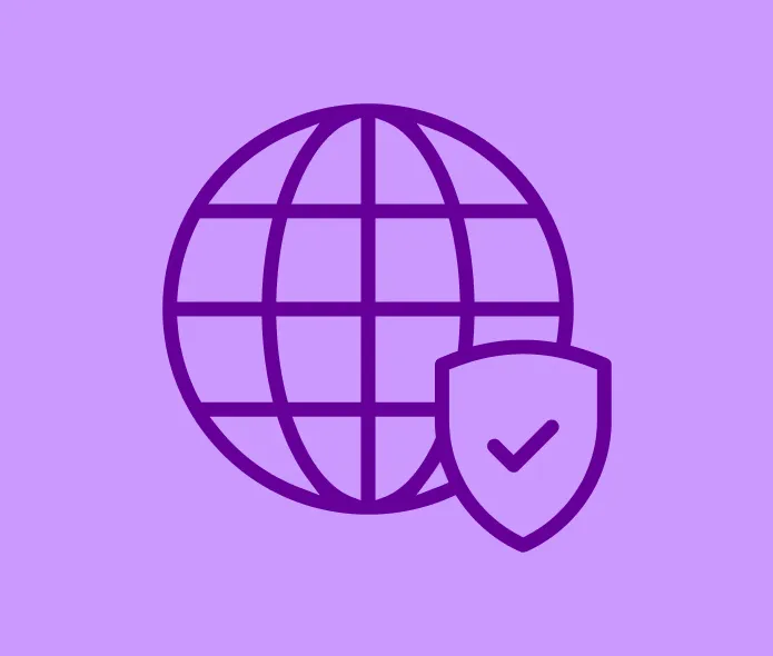 Globe with a shield and checkmark, representing internet security.