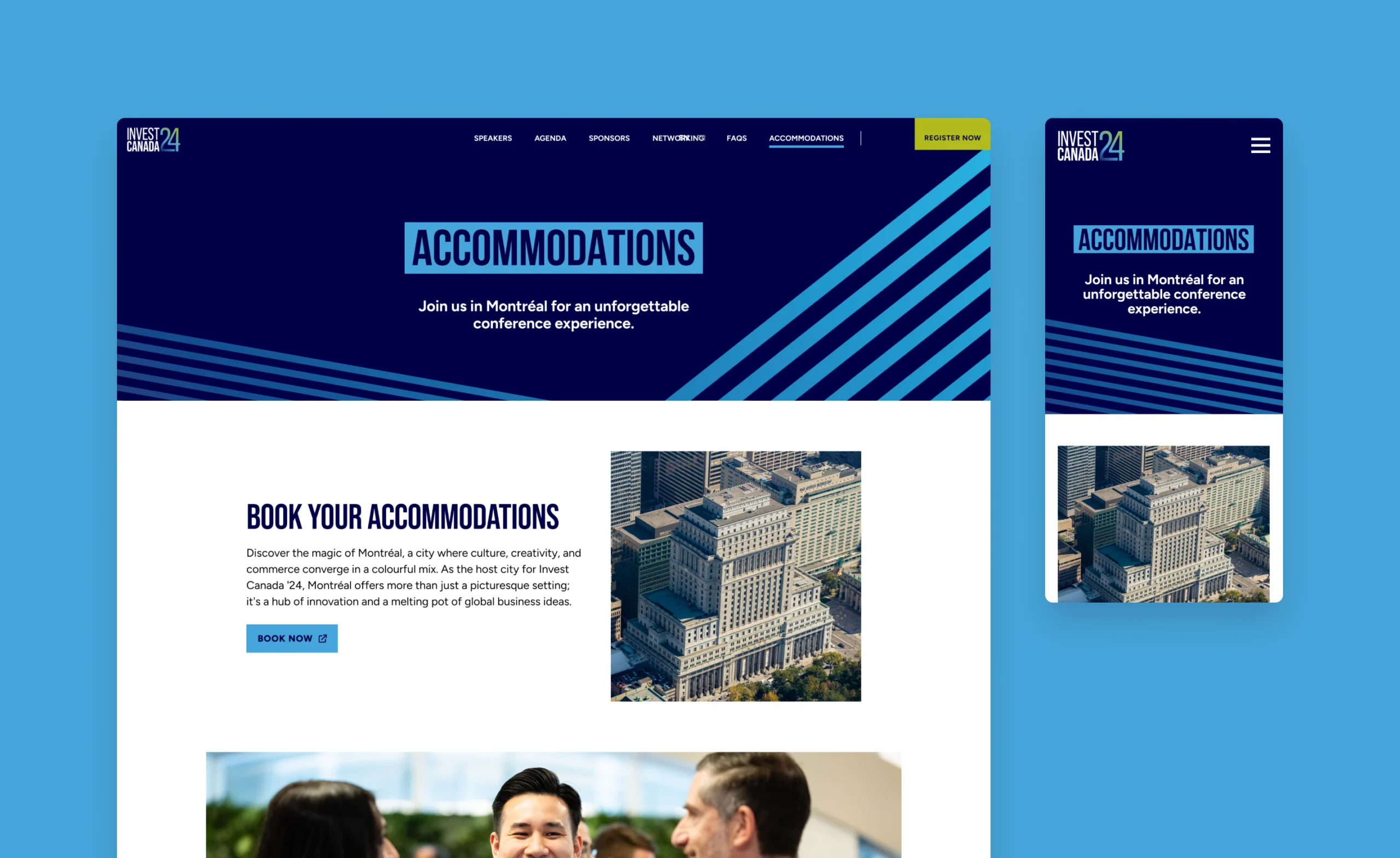 Invest 24 Canada accommodations page with conference building image.