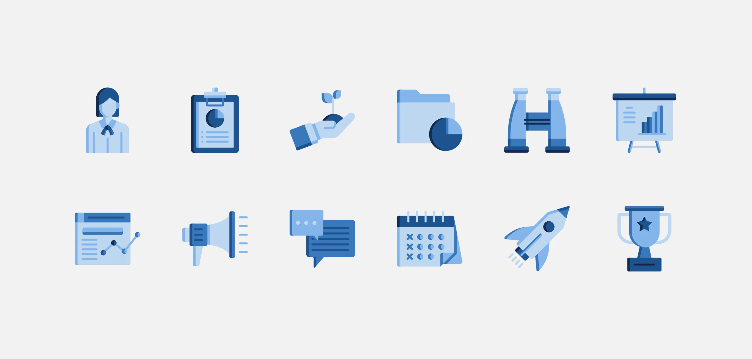 Business icons: person, chart, plant, folder, binoculars, presentation, graph, megaphone, chat, calendar, rocket, trophy