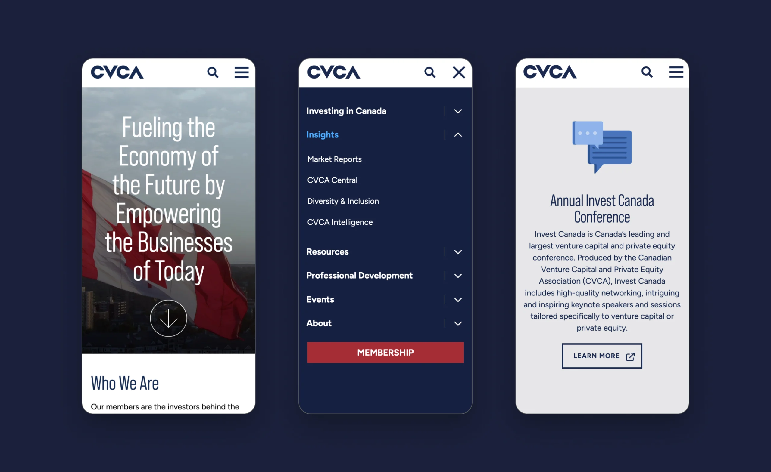CVCA website with navigation menu and conference information.